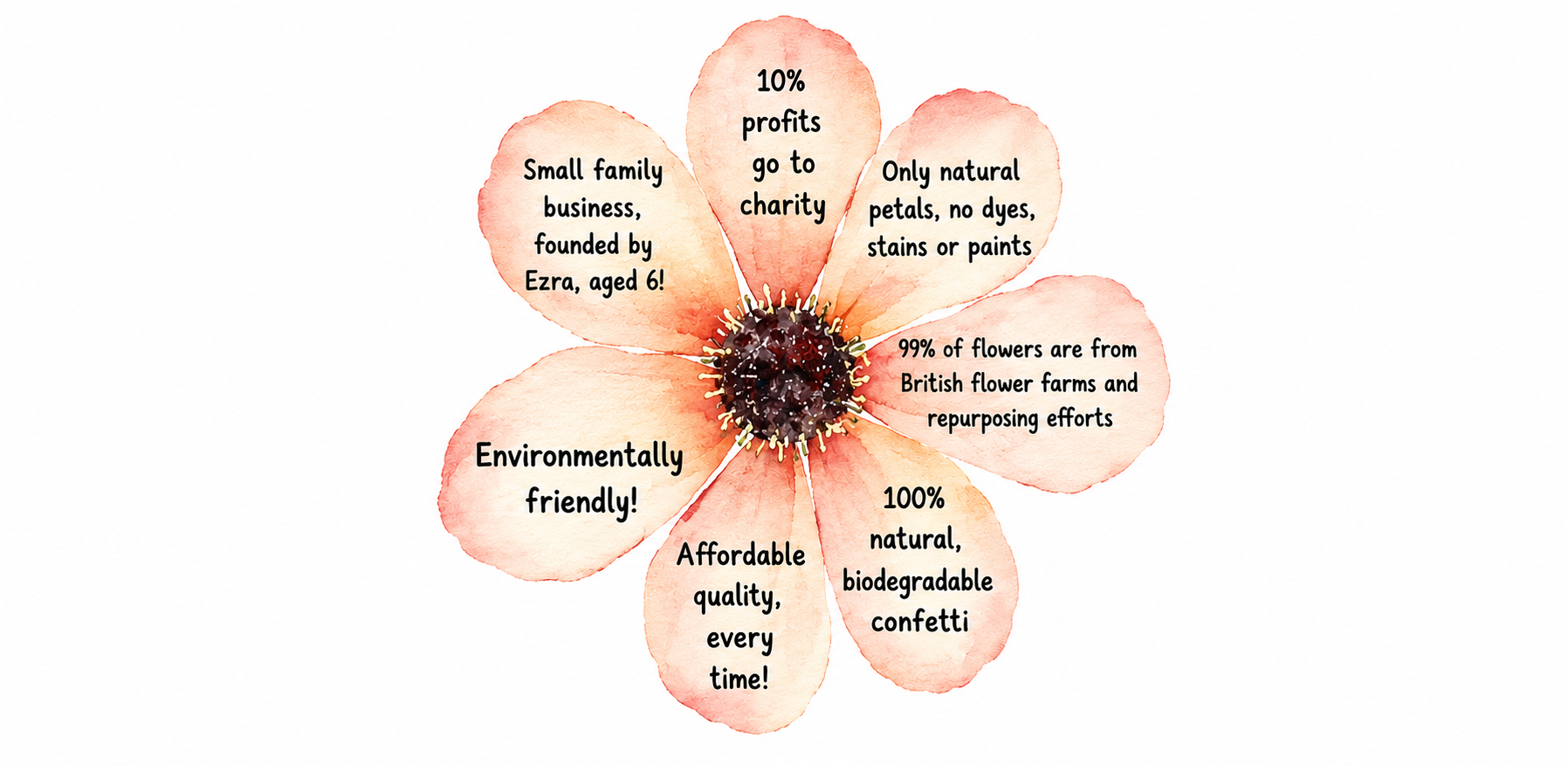 10% of profits to charity
Only natural petals, no dyes, stains or paints
99% of flowers are from British flower farms and repurposing efforts
100% natural, biodegradable confetti
Affordable quality, every time!
Environmentally friendly!
Small family business, founded by Ezra, aged 6!